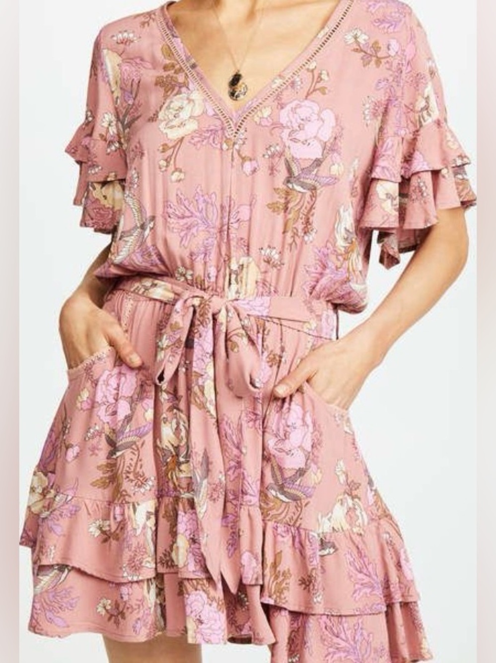 EUC SPELL Rosa Play Dress Flutter/Ruffle Sleeves Floral/Bird Pattern